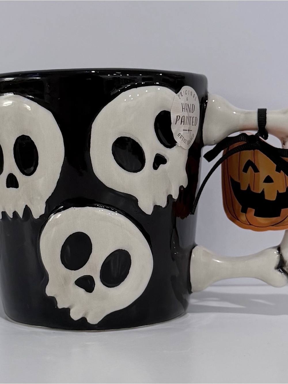 Hand-Painted Black Skull Ceramic Mug with Bone Handle